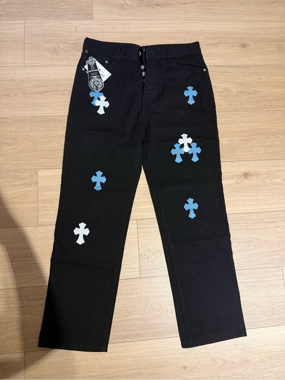 Black Men’s Jeans with Blue & White Cross Appliqués